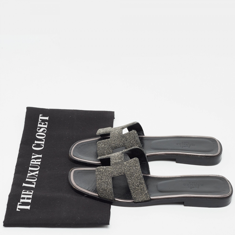 Pre Owned Hermes Metallic Grey Beads Oran Flat Slides Size 37