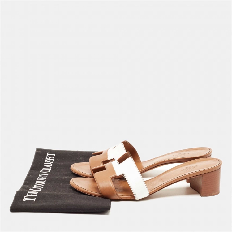 Pre Owned Hermes Brown/White Leather Oasis Sandals Size 39