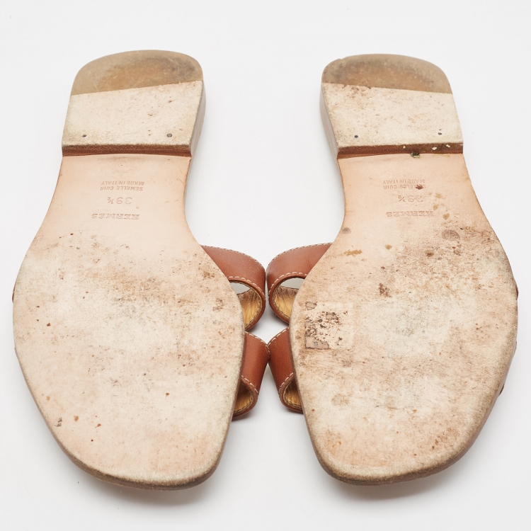 Pre Owned Hermes Brown Leather Oran  Flat Slides Size 39.5