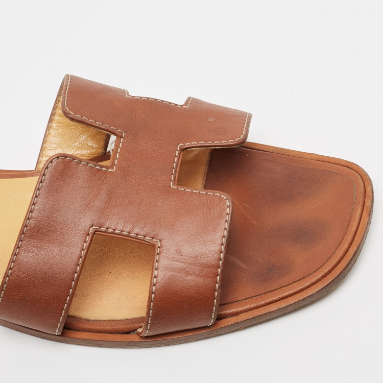 Pre Owned Hermes Brown Leather Oran  Flat Slides Size 39.5