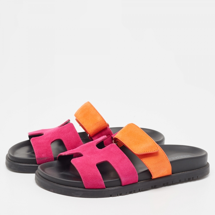 Pre Owned Hermes Pink/Orange Suede Chypre Flat Slides Size 36