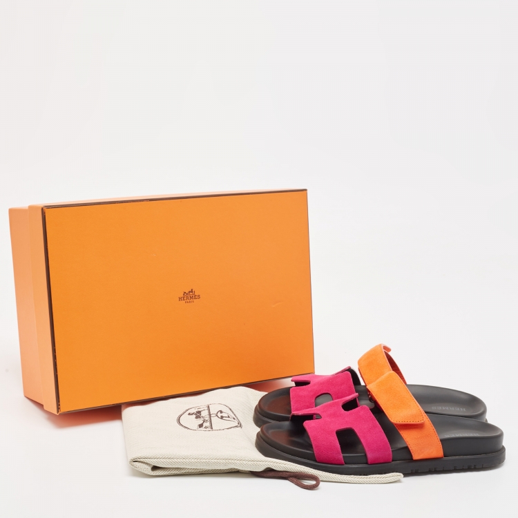 Pre Owned Hermes Pink/Orange Suede Chypre Flat Slides Size 36