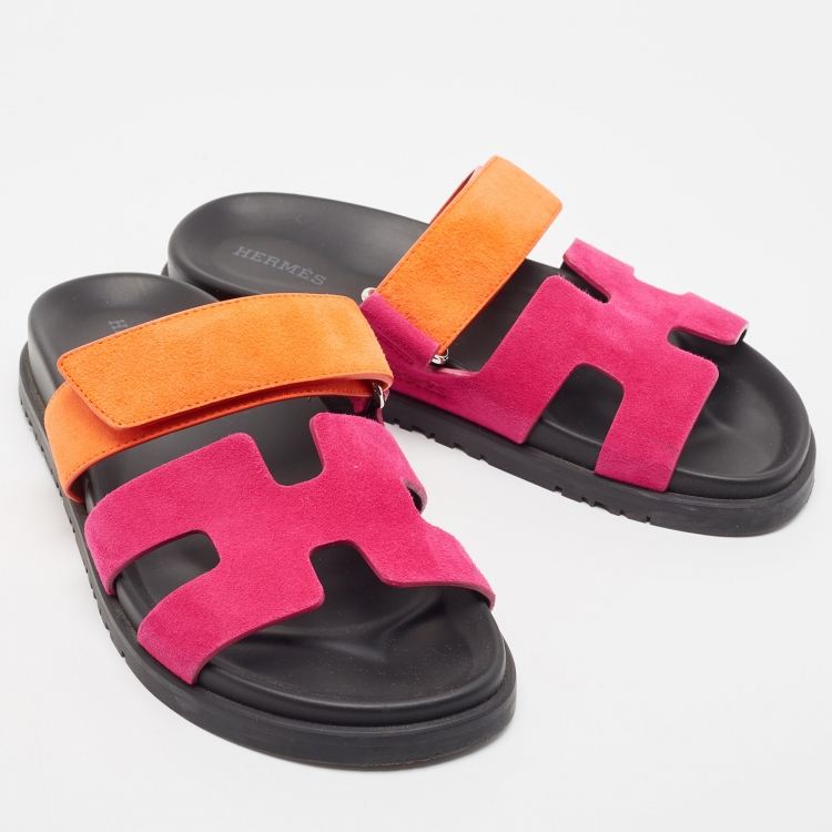 Pre Owned Hermes Pink/Orange Suede Chypre Flat Slides Size 36