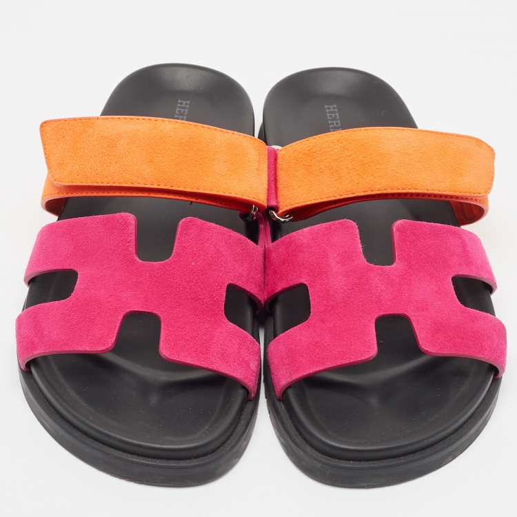 Pre Owned Hermes Pink/Orange Suede Chypre Flat Slides Size 36