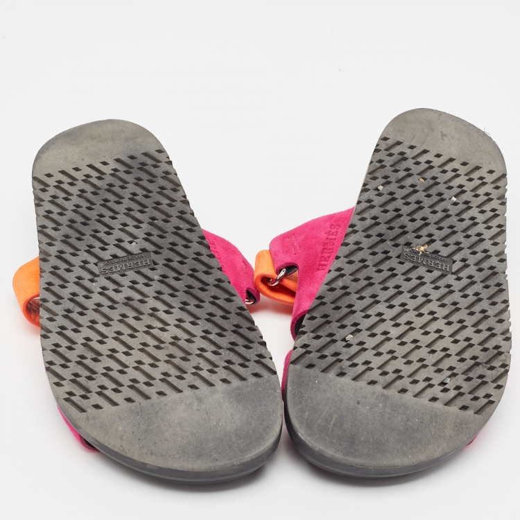 Pre Owned Hermes Pink/Orange Suede Chypre Flat Slides Size 36