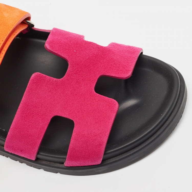 Pre Owned Hermes Pink/Orange Suede Chypre Flat Slides Size 36