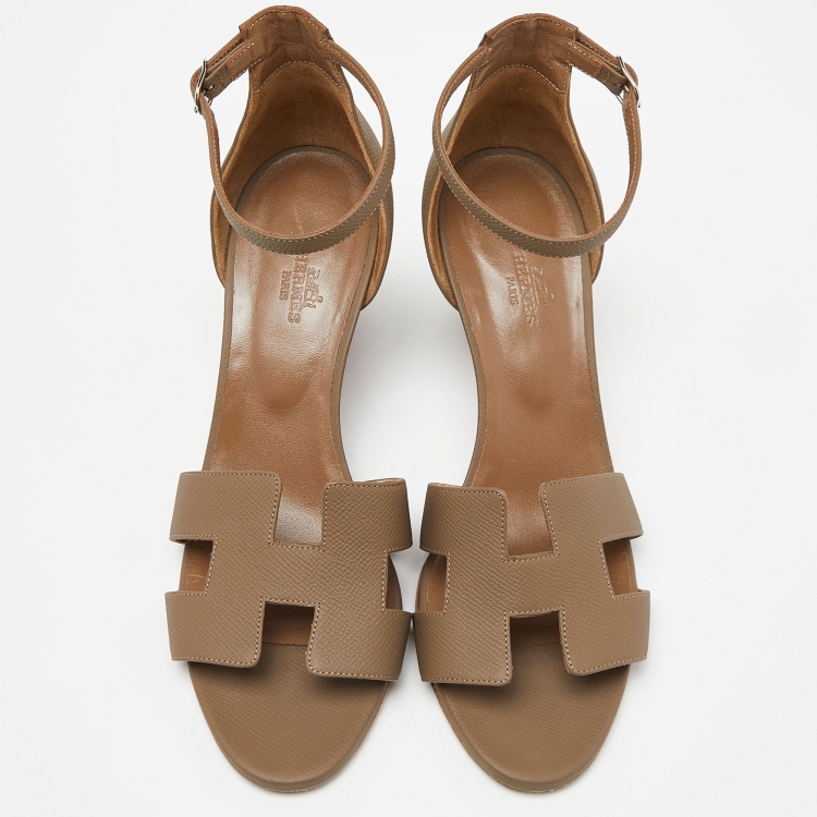 Pre Owned Hermes Brown Leather Legend Wedge Sandals Size 40.5