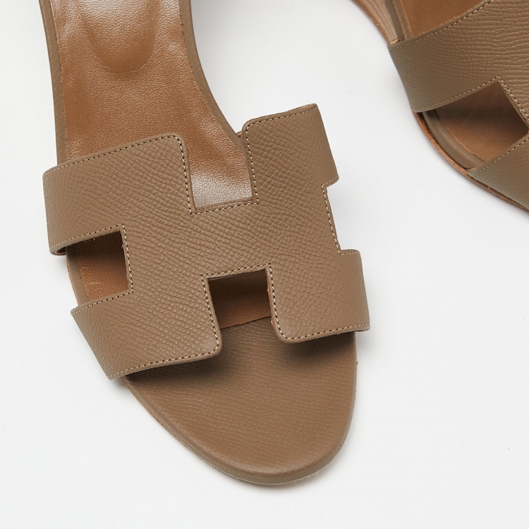 Pre Owned Hermes Brown Leather Legend Wedge Sandals Size 40.5