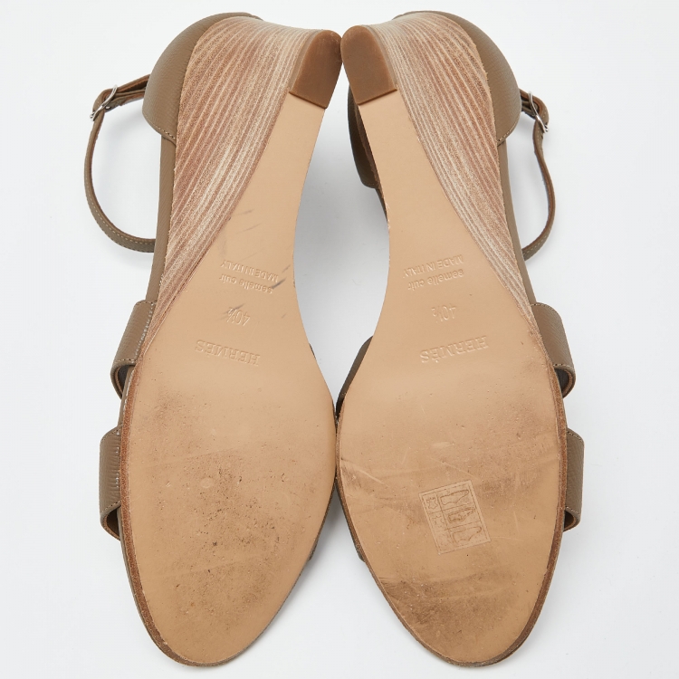 Pre Owned Hermes Brown Leather Legend Wedge Sandals Size 40.5