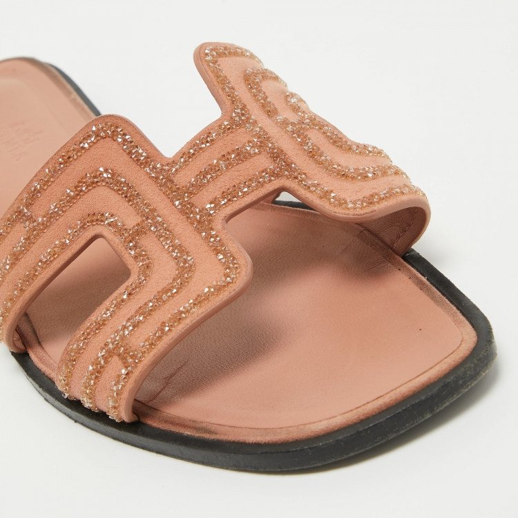 Pre Owned Hermes Peach Pink Suede Crystal Embellished Oran Flat Slides Size 39