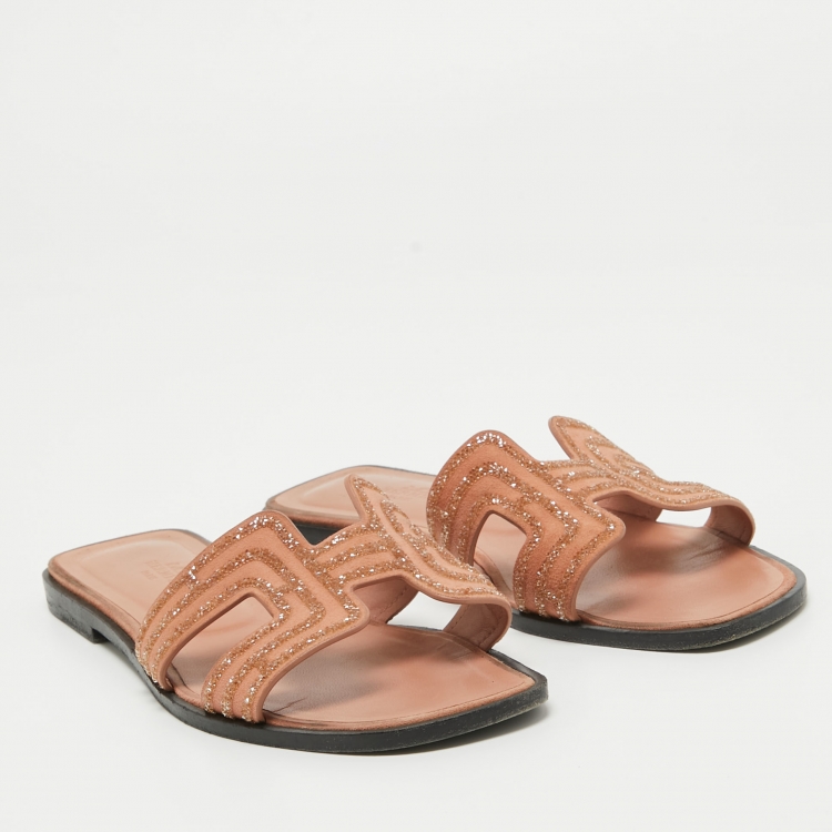 Pre Owned Hermes Peach Pink Suede Crystal Embellished Oran Flat Slides Size 39