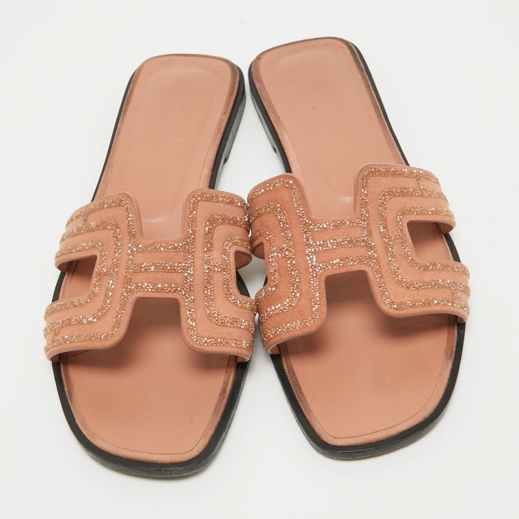 Pre Owned Hermes Peach Pink Suede Crystal Embellished Oran Flat Slides Size 39