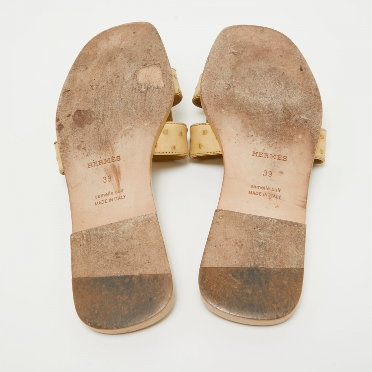 Pre Owned Hermes Yellow Ostrich Oran Flat Slides Size 39