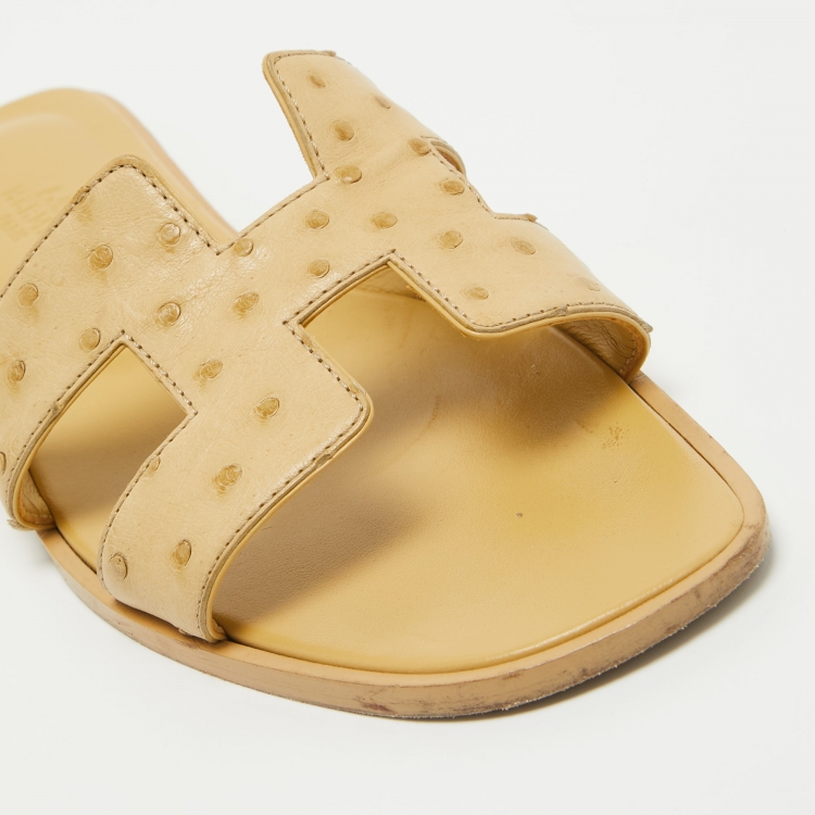 Pre Owned Hermes Yellow Ostrich Oran Flat Slides Size 39
