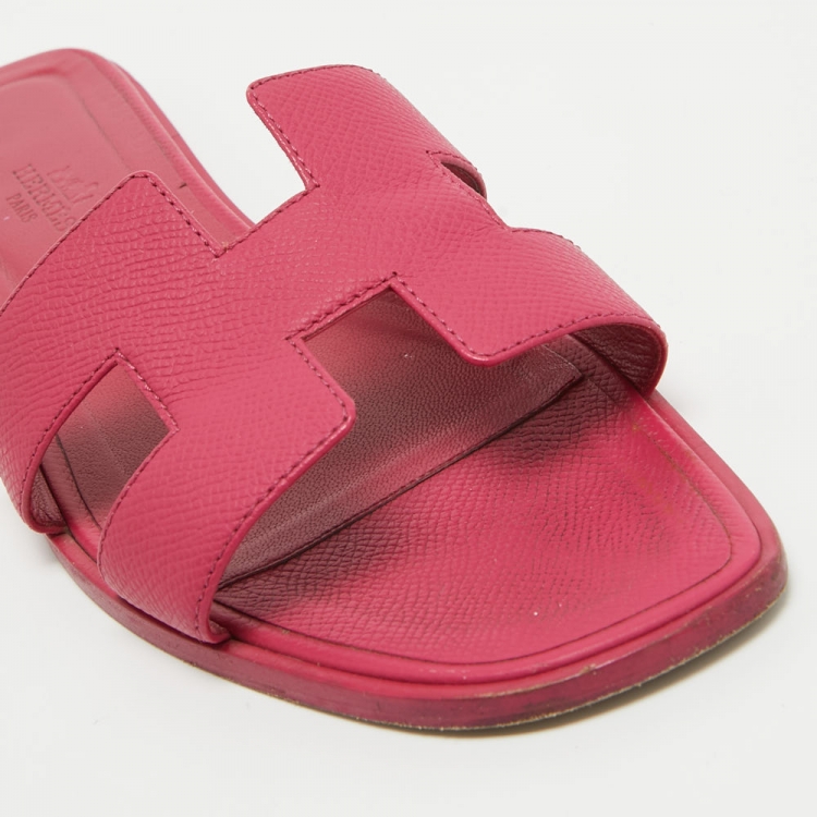 Pre Owned Hermes Pink Leather Oran Flat Slides Size 39.5  