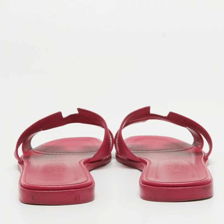 Pre Owned Hermes Pink Leather Oran Flat Slides Size 39.5  