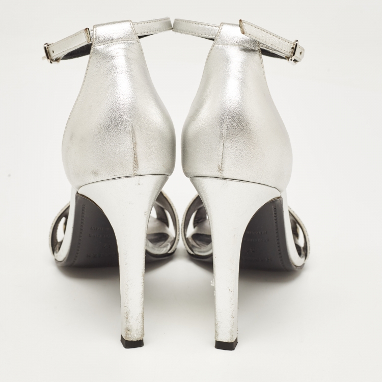 Pre Owned Hermes Silver Leather and Crystal Powder Night Premiere Sandals Size 37