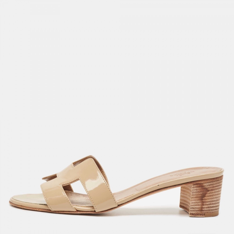 Pre Owned Hermes Beige Patent Oasis  Slide Sandals Size 39