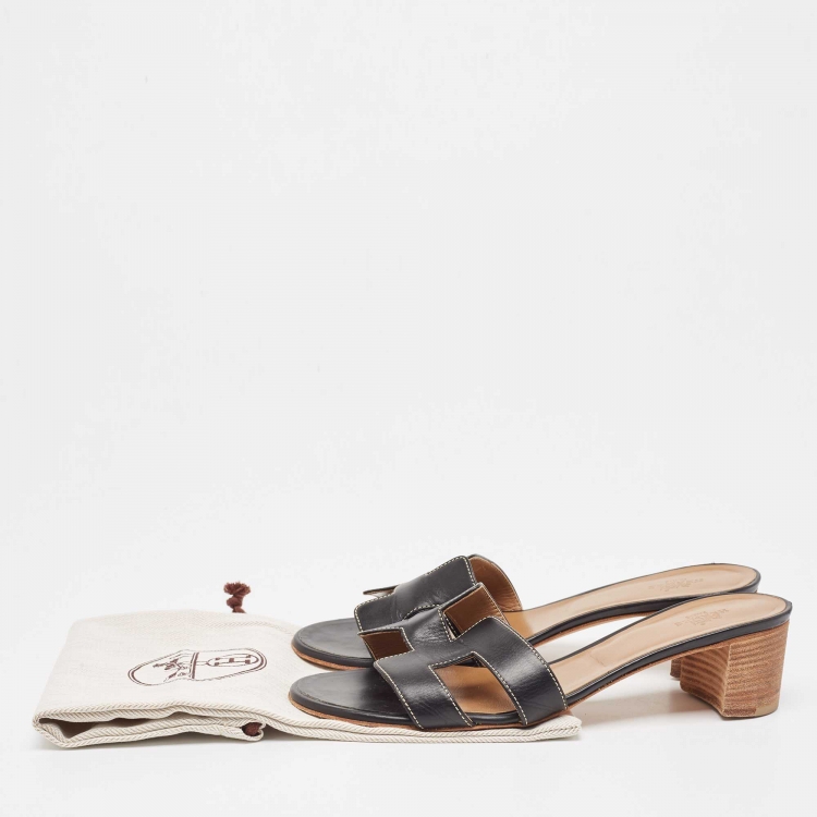 Pre Owned Hermes Black Leather  Oasis Slide Sandals Size 39