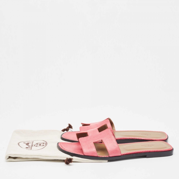 Pre Owned Hermes Pink Lizard Oran Flat Slides Size 40 