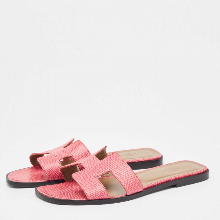 Pre Owned Hermes Pink Lizard Oran Flat Slides Size 40 