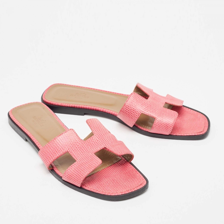 Pre Owned Hermes Pink Lizard Oran Flat Slides Size 40 