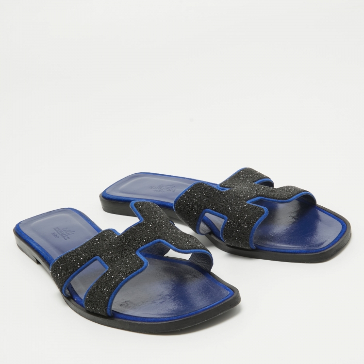 Pre Owned Hermes Blue/Black Glitter and Suede Oran Flat Slides Size 39 