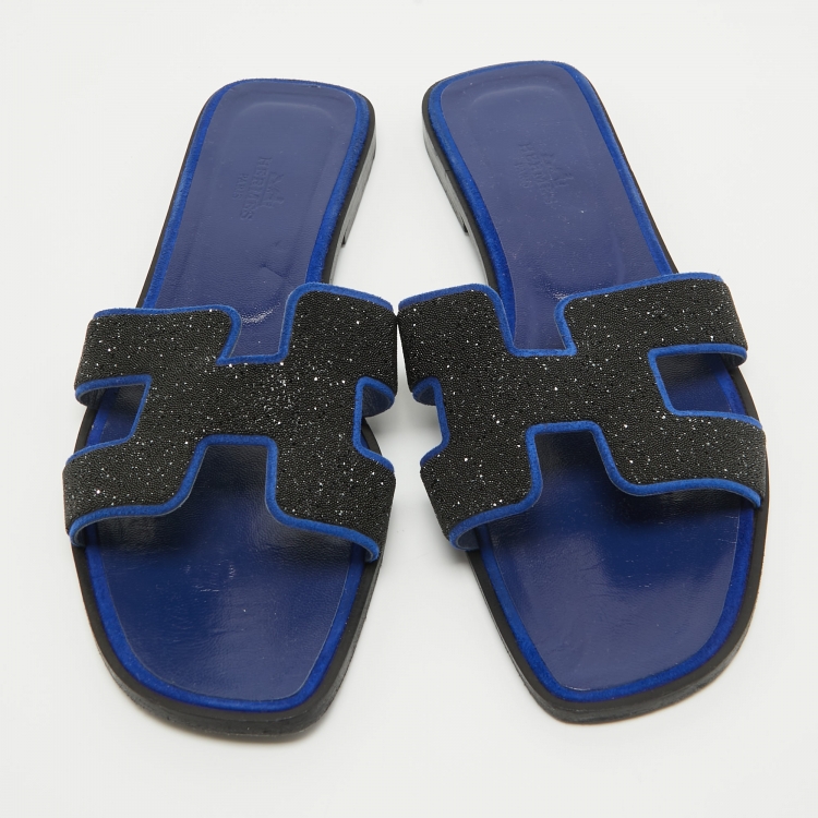 Pre Owned Hermes Blue/Black Glitter and Suede Oran Flat Slides Size 39 
