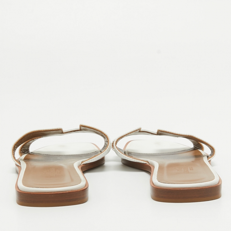 Pre Owned Hermes White Leather Oran Flat Slides Size 39 