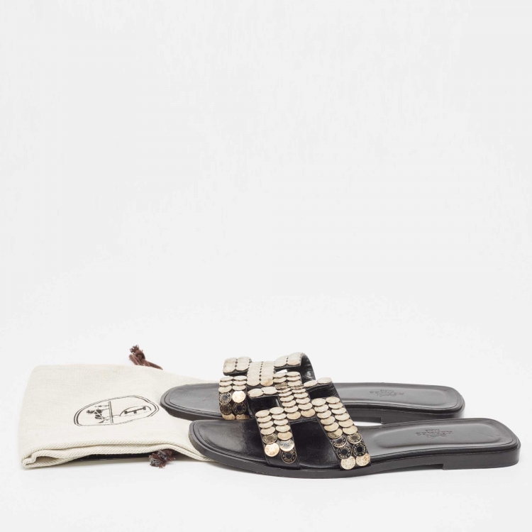 Pre Owned Hermes Gold Leather Oran Flat Slides Size 39 