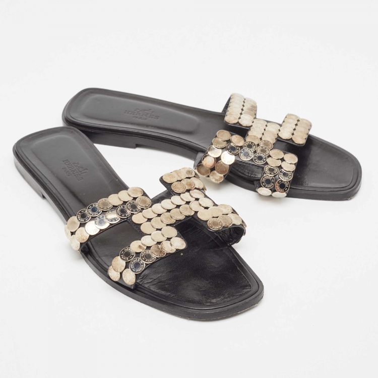 Pre Owned Hermes Gold Leather Oran Flat Slides Size 39 