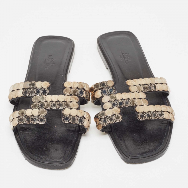Pre Owned Hermes Gold Leather Oran Flat Slides Size 39 