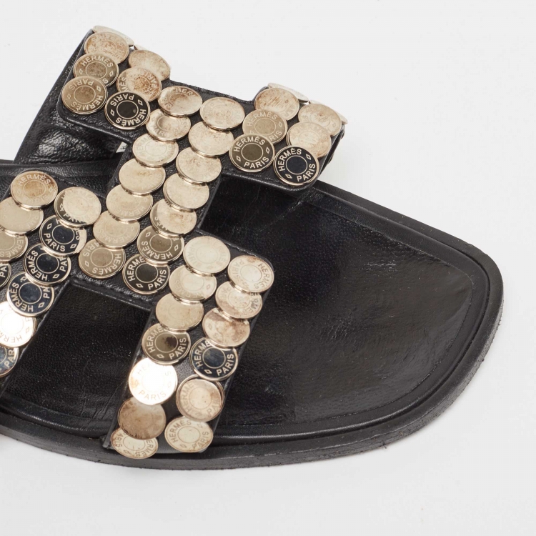 Pre Owned Hermes Gold Leather Oran Flat Slides Size 39 