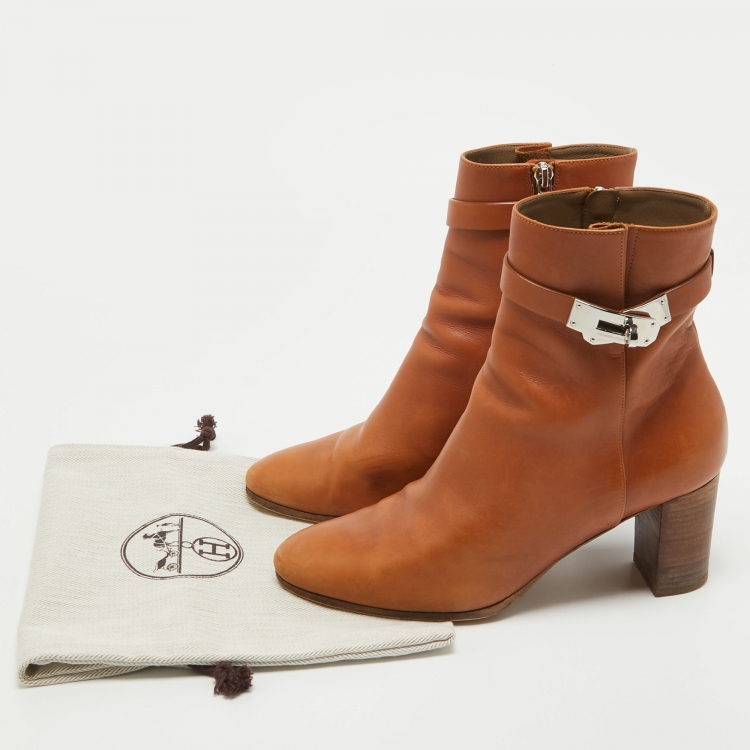 مملوكة مسبقًا Hermes Brown Leather Saint Germain Block Heel Ankle Boots Size 39