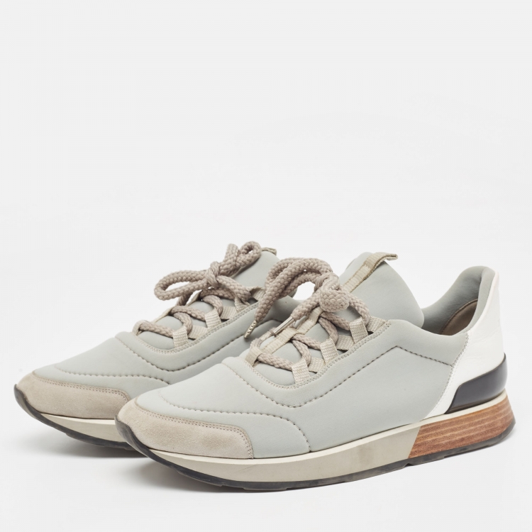 Pre Owned Hermes Grey/White Nylon and Leather Miles Sneakers Size 39