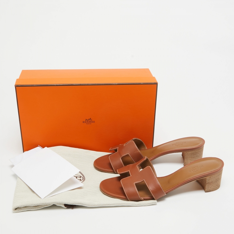 Pre Owned Hermes Brown Leather Oasis Slide Sandals Size 37
