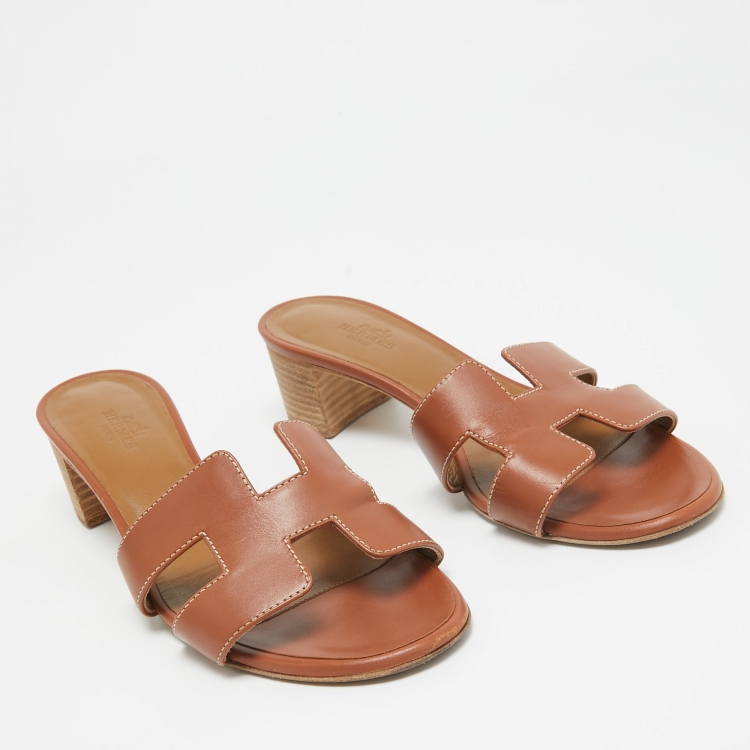 Pre Owned Hermes Brown Leather Oasis Slide Sandals Size 37