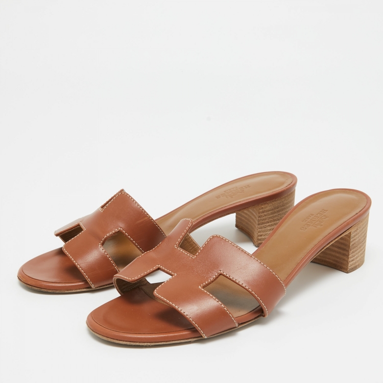 Pre Owned Hermes Brown Leather Oasis Slide Sandals Size 37