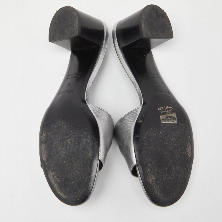 Pre Owned Hermes Silver Leather Very Block Heel Slide Sandals Size 38