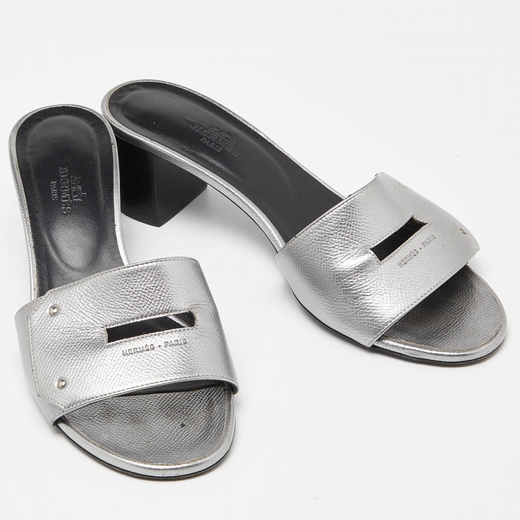 Pre Owned Hermes Silver Leather Very Block Heel Slide Sandals Size 38
