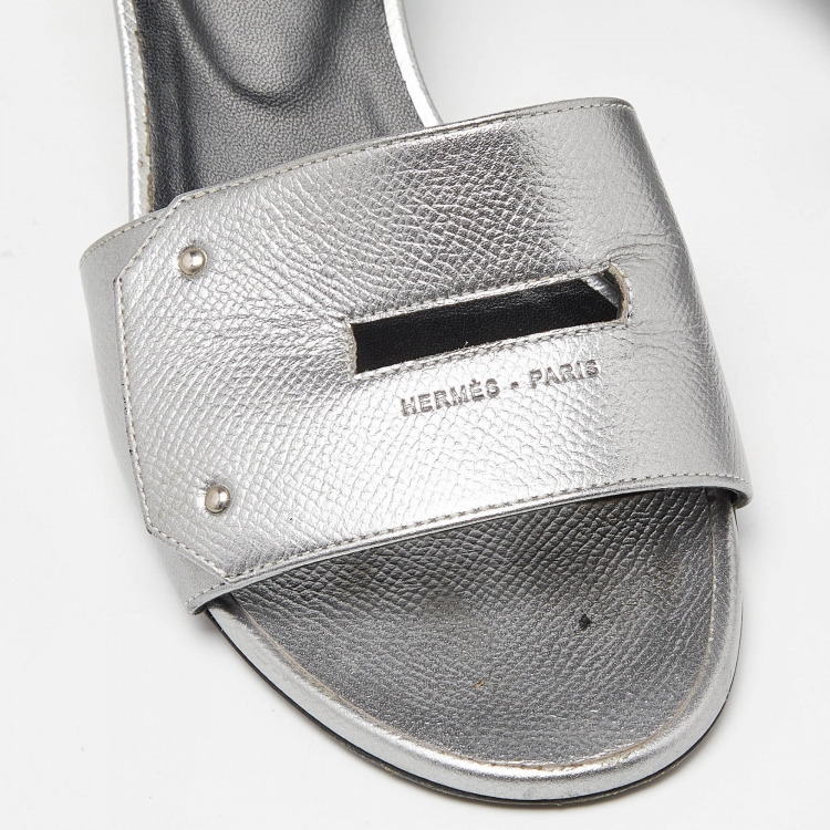 Pre Owned Hermes Silver Leather Very Block Heel Slide Sandals Size 38