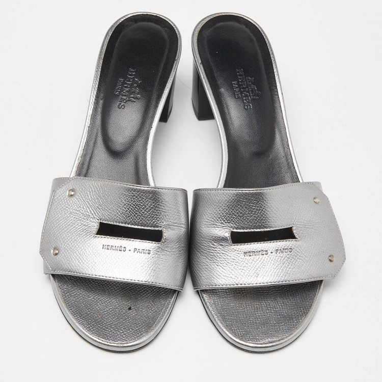 Pre Owned Hermes Silver Leather Very Block Heel Slide Sandals Size 38