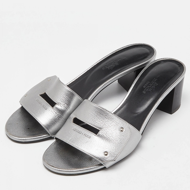 Pre Owned Hermes Silver Leather Very Block Heel Slide Sandals Size 38