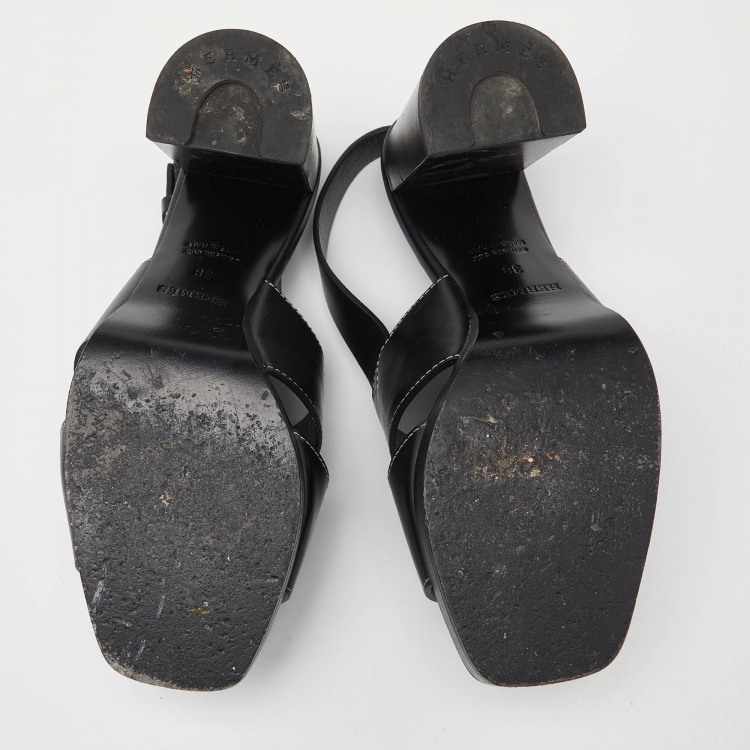 Pre Owned Hermes Black Leather Eris Block Heel Slingback Sandals Size 38