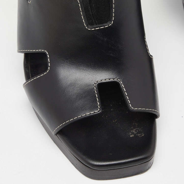 Pre Owned Hermes Black Leather Eris Block Heel Slingback Sandals Size 38