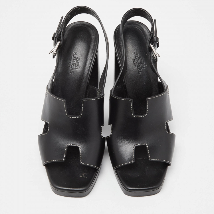 Pre Owned Hermes Black Leather Eris Block Heel Slingback Sandals Size 38