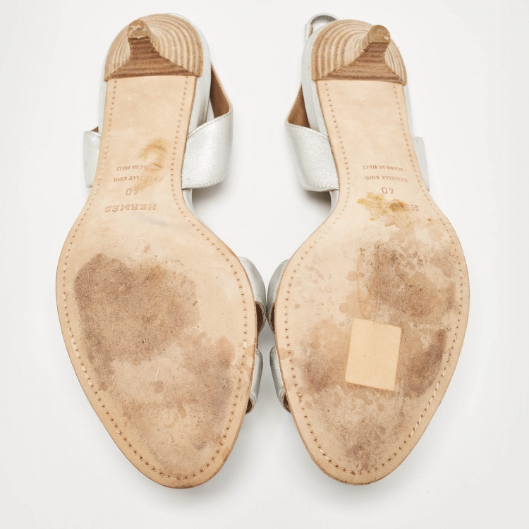 Pre Owned Hermes Silver Leather Night Slingback Sandals Size 40