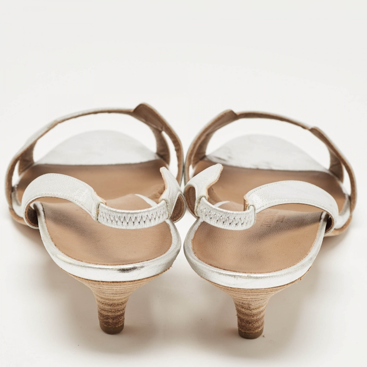 Pre Owned Hermes Silver Leather Night Slingback Sandals Size 40