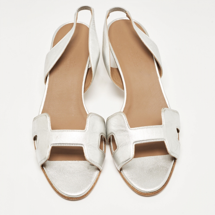 Pre Owned Hermes Silver Leather Night Slingback Sandals Size 40