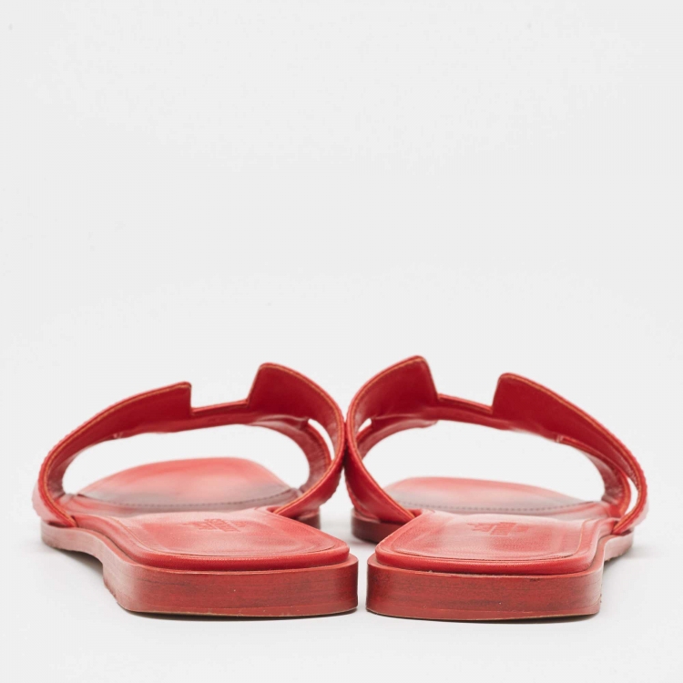 Pre Owned Hermes Red Leather Oran Flat Slides Size 38